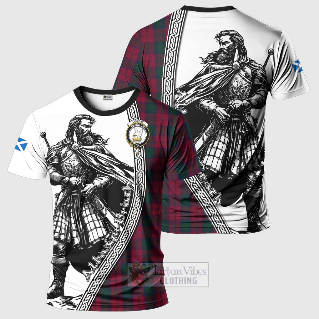 Tartan Vibes Clothing Lindsay Tartan Clan Crest T-Shirt with Highlander Warrior Celtic Style