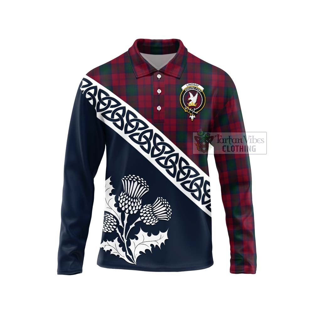 Tartan Vibes Clothing Lindsay Tartan Long Sleeve Polo Shirt Featuring Thistle and Scotland Map