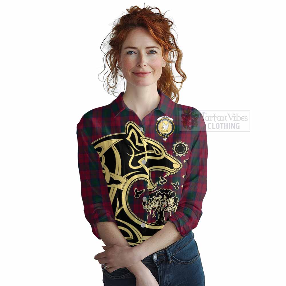 Tartan Vibes Clothing Lindsay Tartan Women's Casual Shirt with Family Crest Celtic Wolf Style