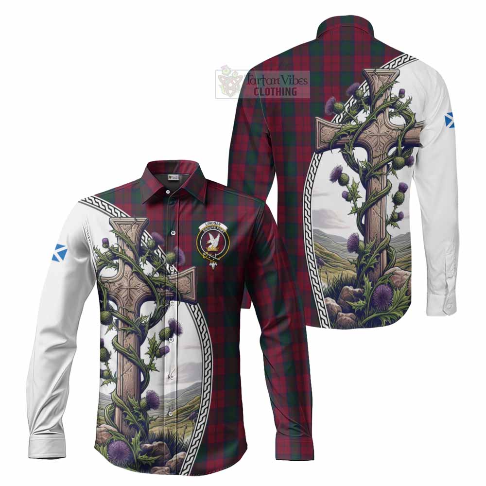 Tartan Vibes Clothing Lindsay Tartan Long Sleeve Button Shirt with Family Crest and St. Andrew's Cross Accented by Thistle Vines