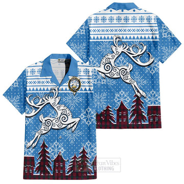 Lindsay Clan Christmas Short Sleeve Button Shirt Celtic Reindeer Style