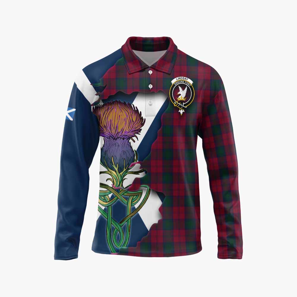 Lindsay Tartan Family Crest Long Sleeve Polo Shirt Scottish Thistle Celtic Inspired Unisex - Tartan Vibes Clothing