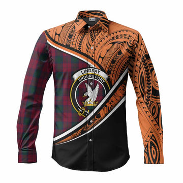 Lindsay Crest Tartan Long Sleeve Button Shirt with Polynesian Vibes Style - Orange Version