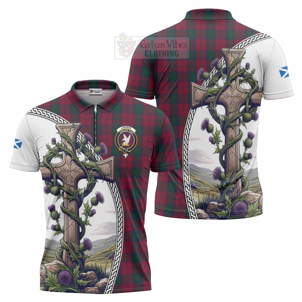 Tartan Vibes Clothing Lindsay Tartan Zipper Polo Shirt with Family Crest and St. Andrew's Cross Accented by Thistle Vines