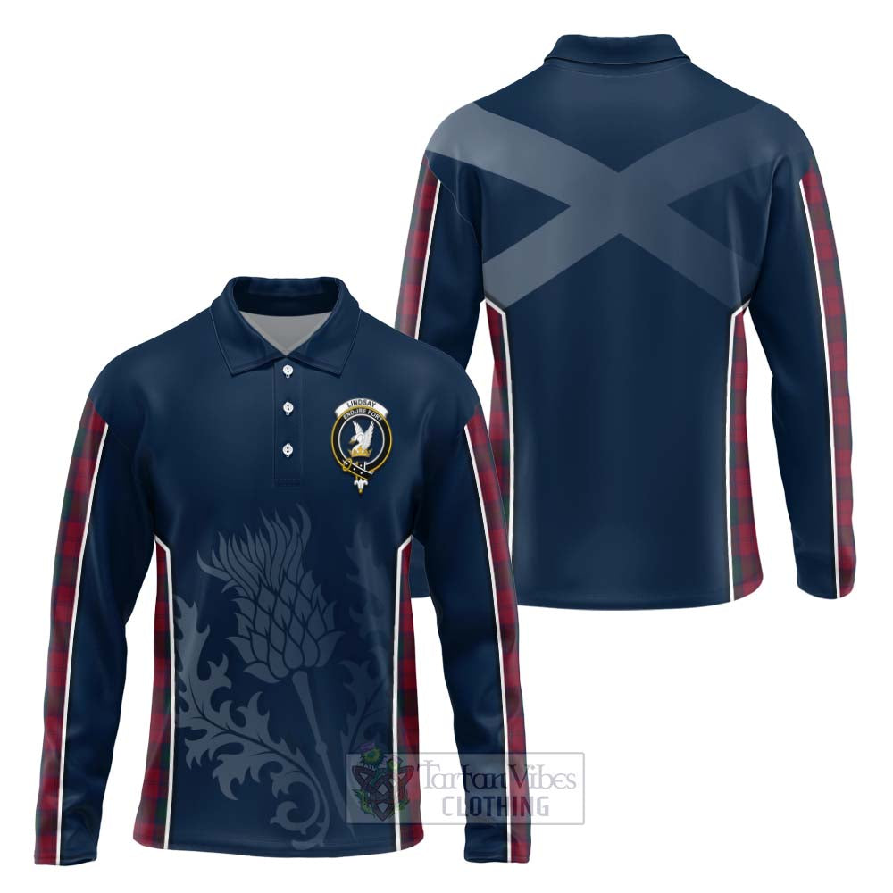 Tartan Vibes Clothing Lindsay Tartan Long Sleeve Polo Shirt with Family Crest and Scottish Thistle Vibes Sport Style