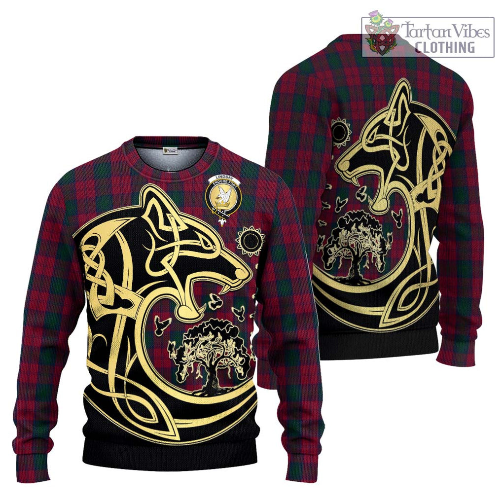 Lindsay Tartan Knitted Sweater with Family Crest Celtic Wolf Style Unisex - Tartan Vibes Clothing