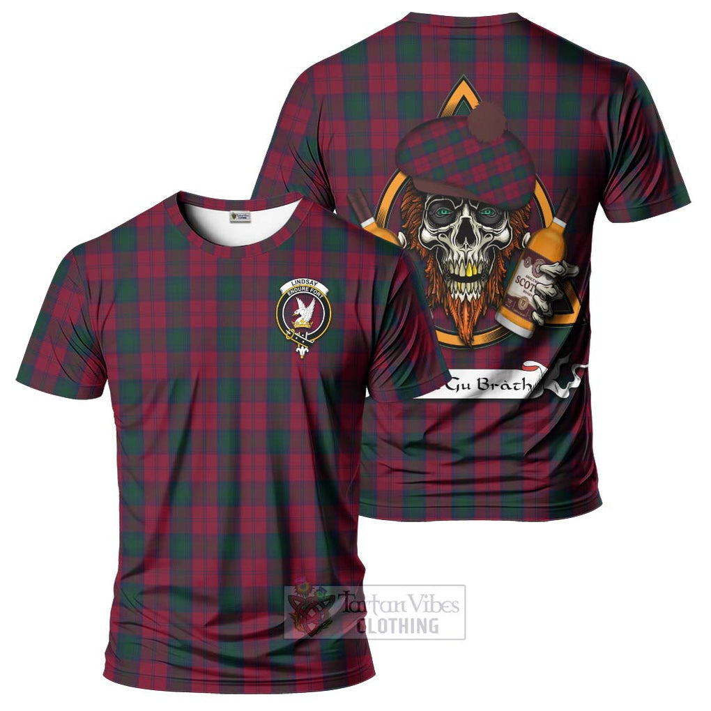 Tartan Vibes Clothing Lindsay Tartan T-Shirt with Family Crest and Bearded Skull Holding Bottles of Whiskey