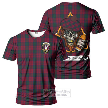 Lindsay Tartan T-Shirt with Family Crest and Bearded Skull Holding Bottles of Whiskey