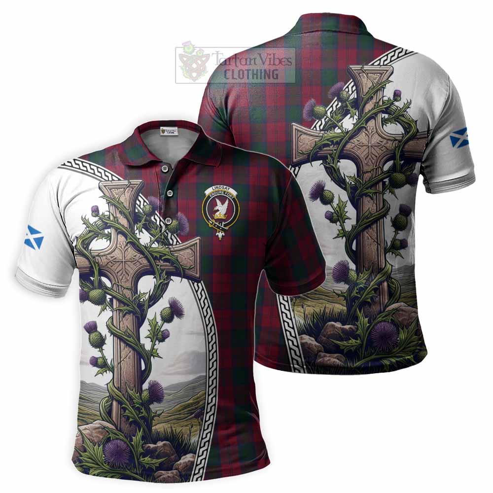 Tartan Vibes Clothing Lindsay Tartan Polo Shirt with Family Crest and St. Andrew's Cross Accented by Thistle Vines