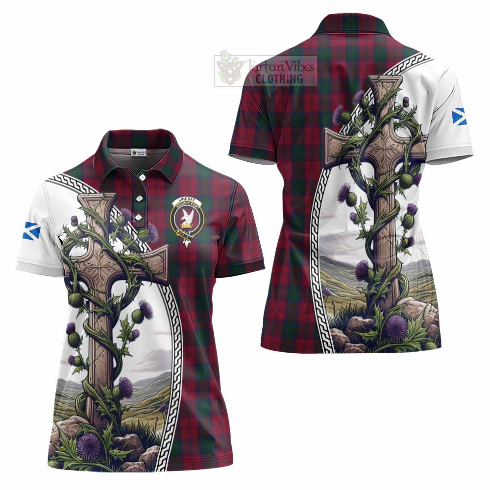 Tartan Vibes Clothing Lindsay Tartan Women's Polo Shirt with Family Crest and St. Andrew's Cross Accented by Thistle Vines