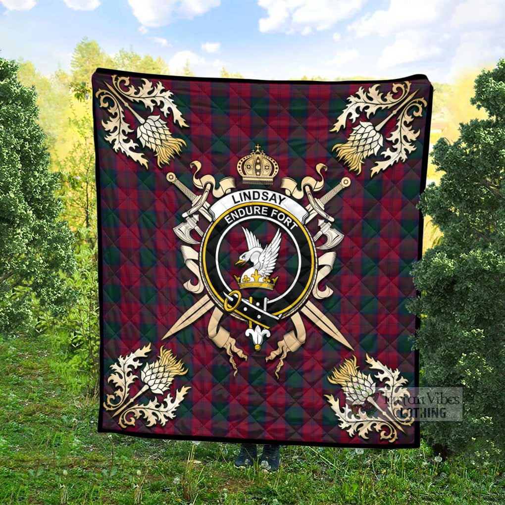 Tartan Vibes Clothing Lindsay Tartan Quilt with Family Crest and Scottish Golden Courage Shield