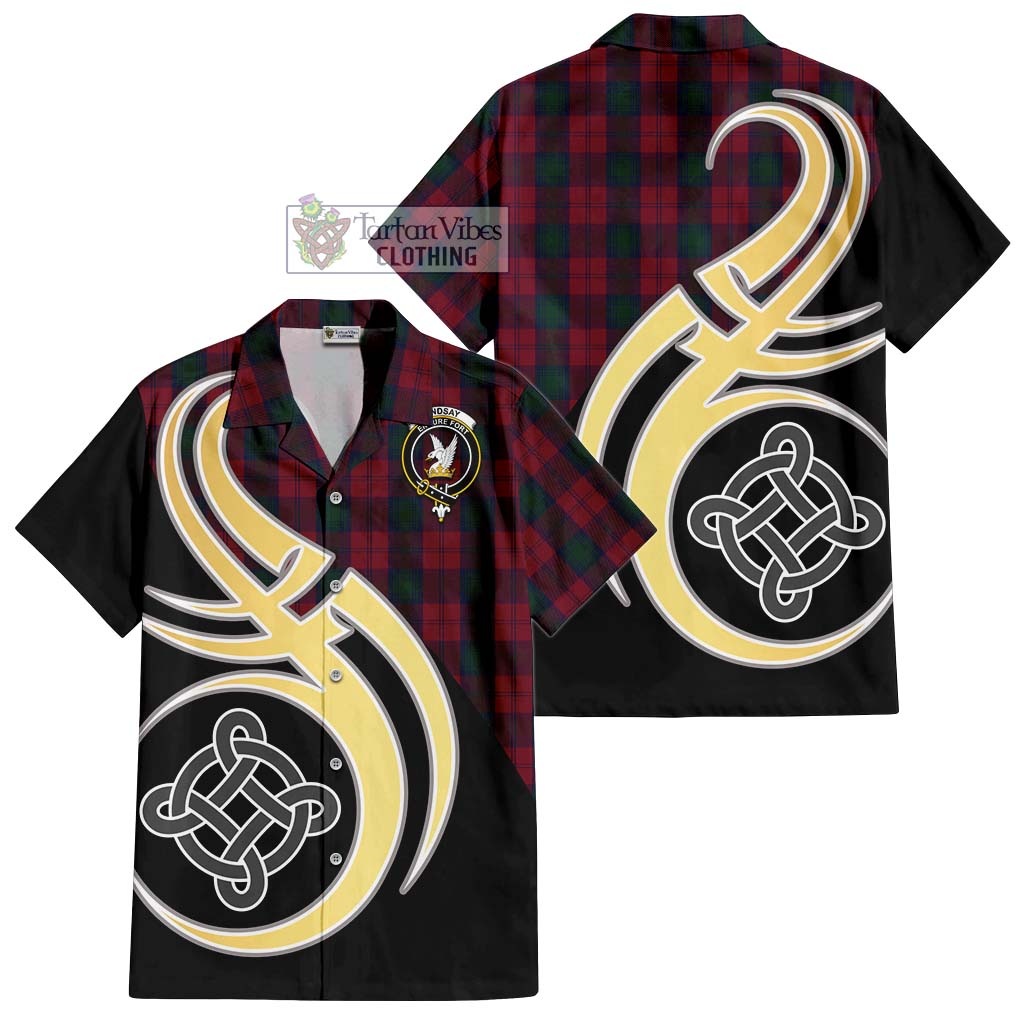 Lindsay Tartan Short Sleeve Button Shirt with Family Crest and Celtic Symbol Style - Tartan Vibes Clothing