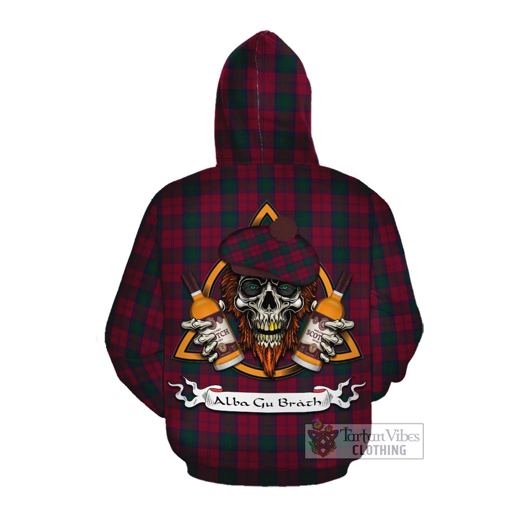 Tartan Vibes Clothing Lindsay Tartan Cotton Hoodie with Family Crest and Bearded Skull Holding Bottles of Whiskey