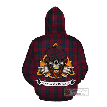 Lindsay Tartan Cotton Hoodie with Family Crest and Bearded Skull Holding Bottles of Whiskey