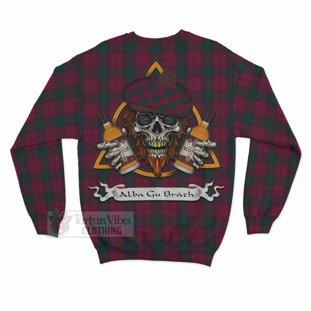 Tartan Vibes Clothing Lindsay Tartan Sweatshirt with Family Crest and Bearded Skull Holding Bottles of Whiskey