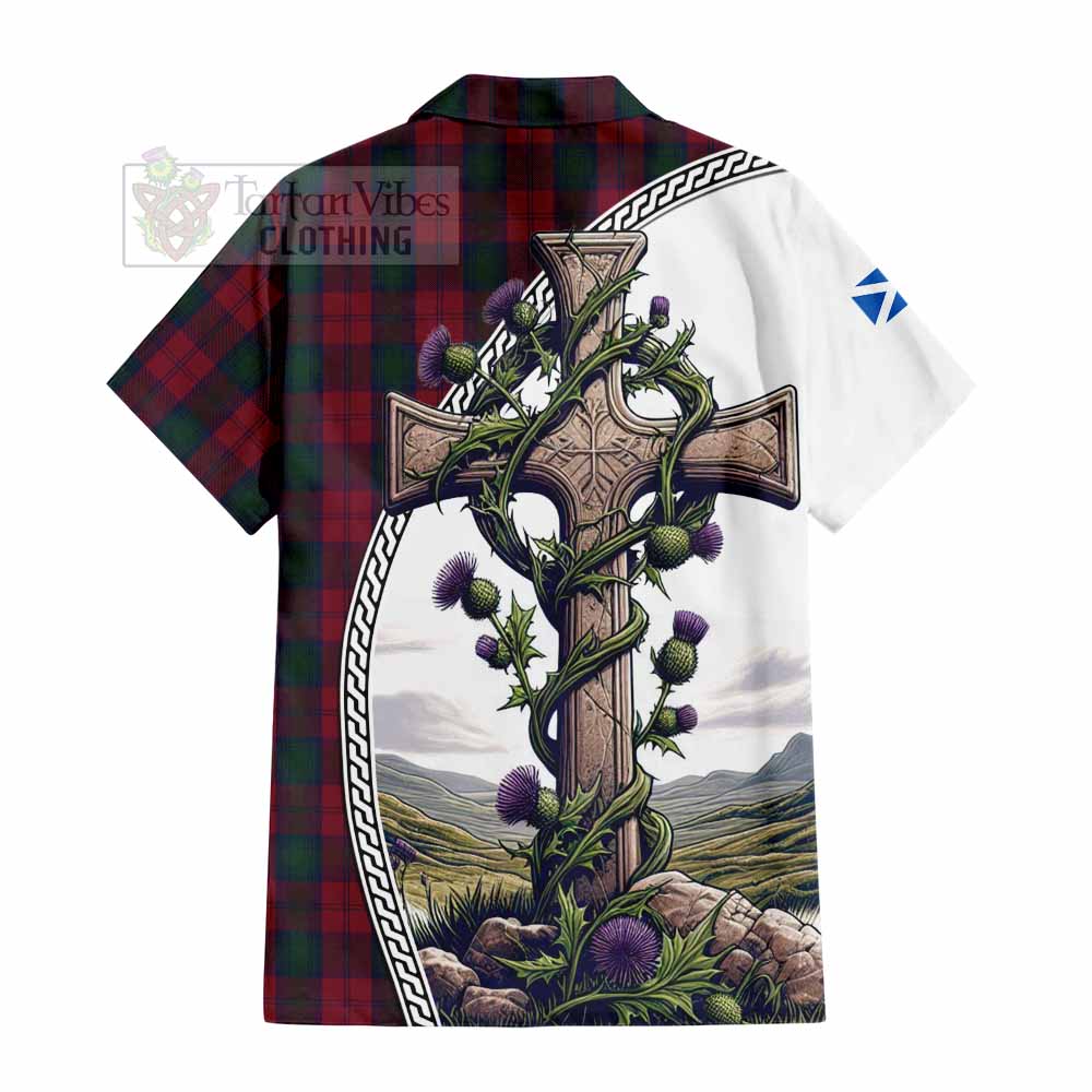 Tartan Vibes Clothing Lindsay Tartan Short Sleeve Button Shirt with Family Crest and St. Andrew's Cross Accented by Thistle Vines