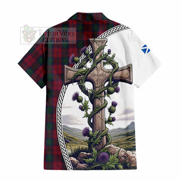 Lindsay Tartan Short Sleeve Button Shirt with Family Crest and St. Andrew's Cross Accented by Thistle Vines