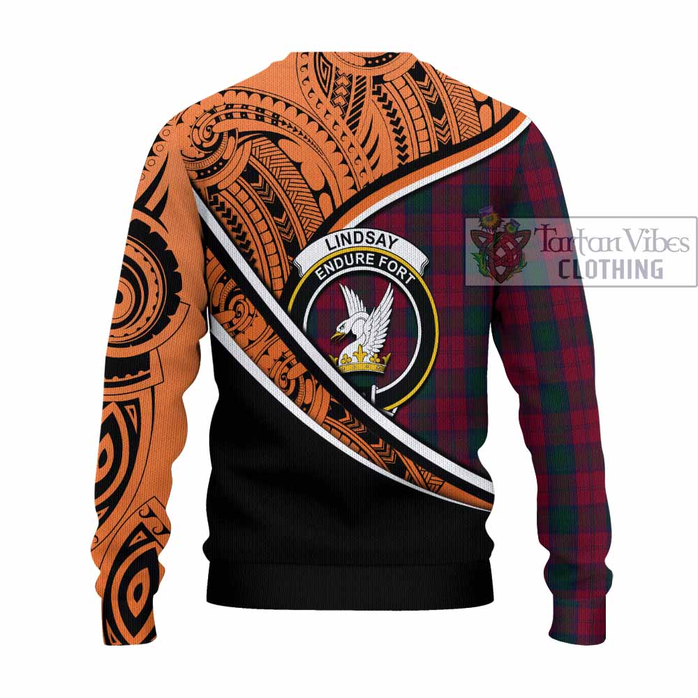 Tartan Vibes Clothing Lindsay Crest Tartan Knitted Sweater with Maori Tattoo Style - Orange Version