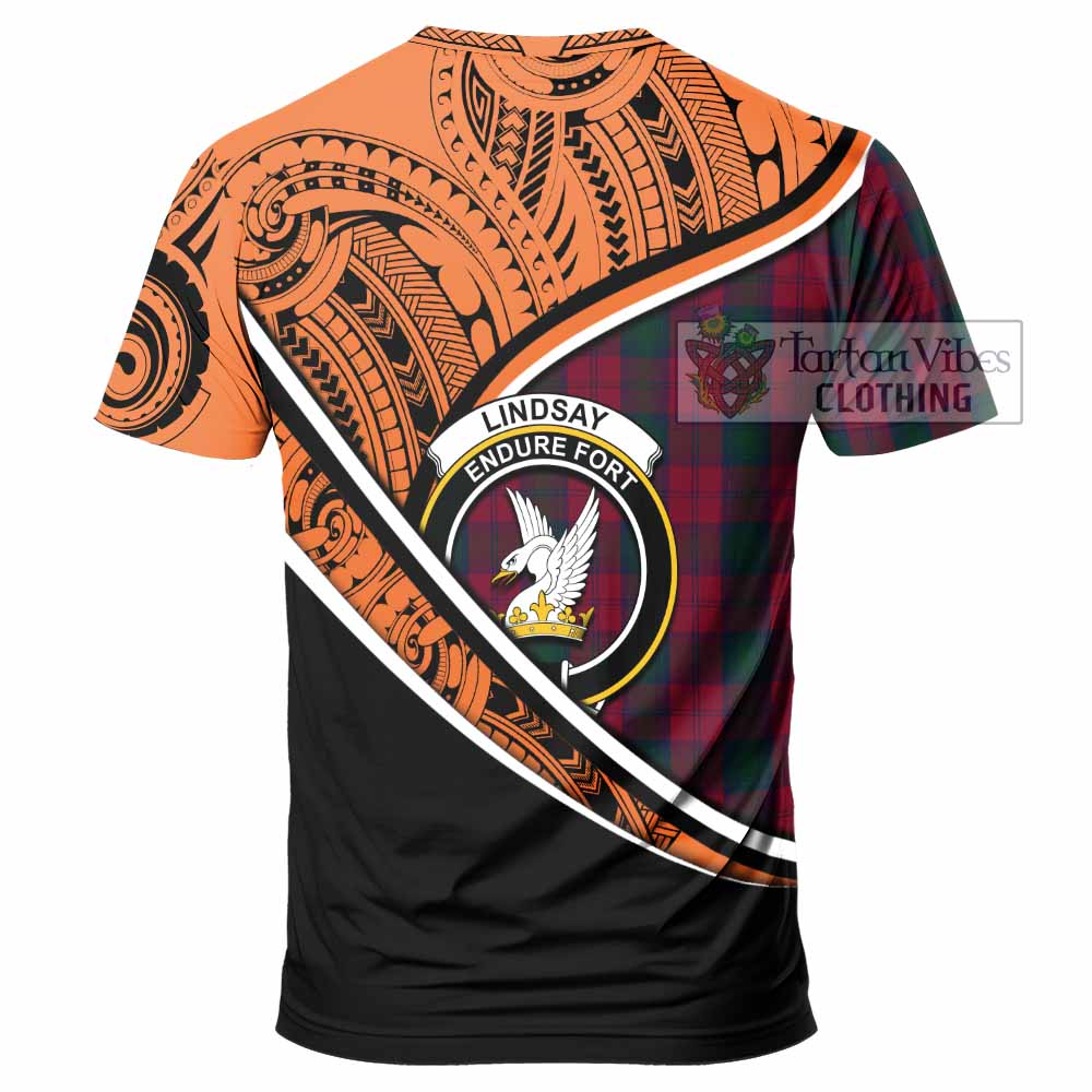 Tartan Vibes Clothing Lindsay Crest Tartan T-Shirt with Maori Tattoo Style - Orange Version