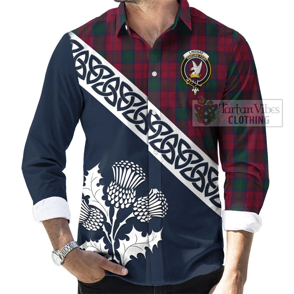 Tartan Vibes Clothing Lindsay Tartan Long Sleeve Button Shirt Featuring Thistle and Scotland Map