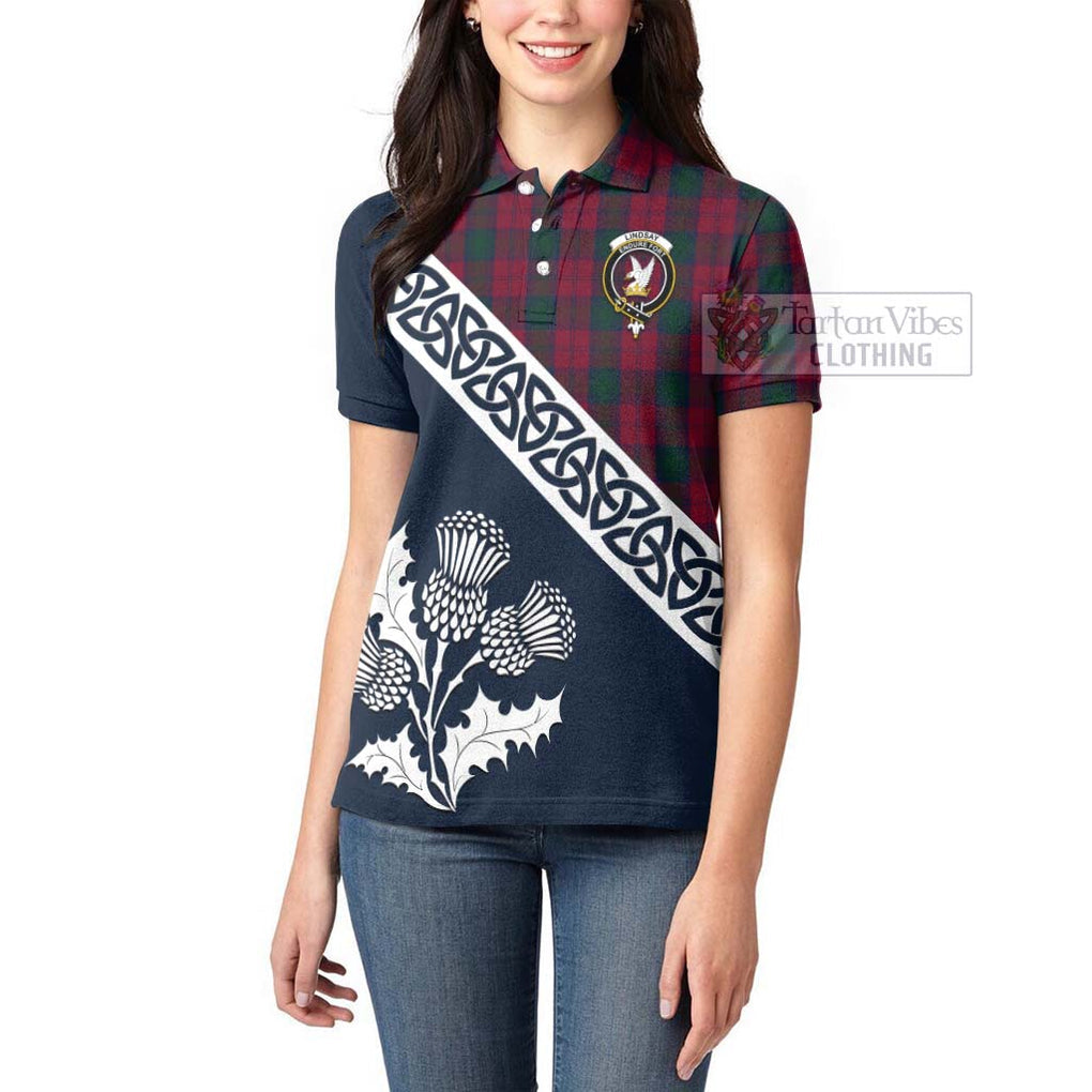 Tartan Vibes Clothing Lindsay Tartan Women's Polo Shirt Featuring Thistle and Scotland Map