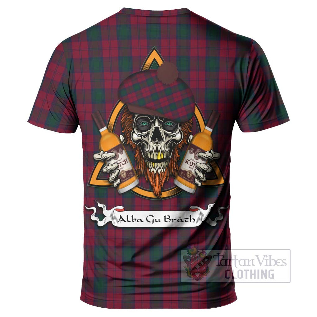 Tartan Vibes Clothing Lindsay Tartan T-Shirt with Family Crest and Bearded Skull Holding Bottles of Whiskey