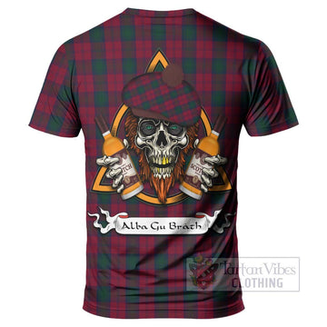 Lindsay Tartan T-Shirt with Family Crest and Bearded Skull Holding Bottles of Whiskey