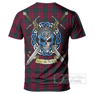 Lindsay Tartan T-Shirt with Family Crest Celtic Skull Style