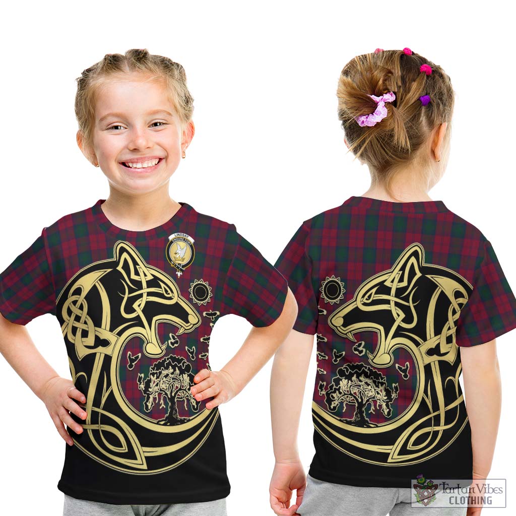 Tartan Vibes Clothing Lindsay Tartan Kid T-Shirt with Family Crest Celtic Wolf Style