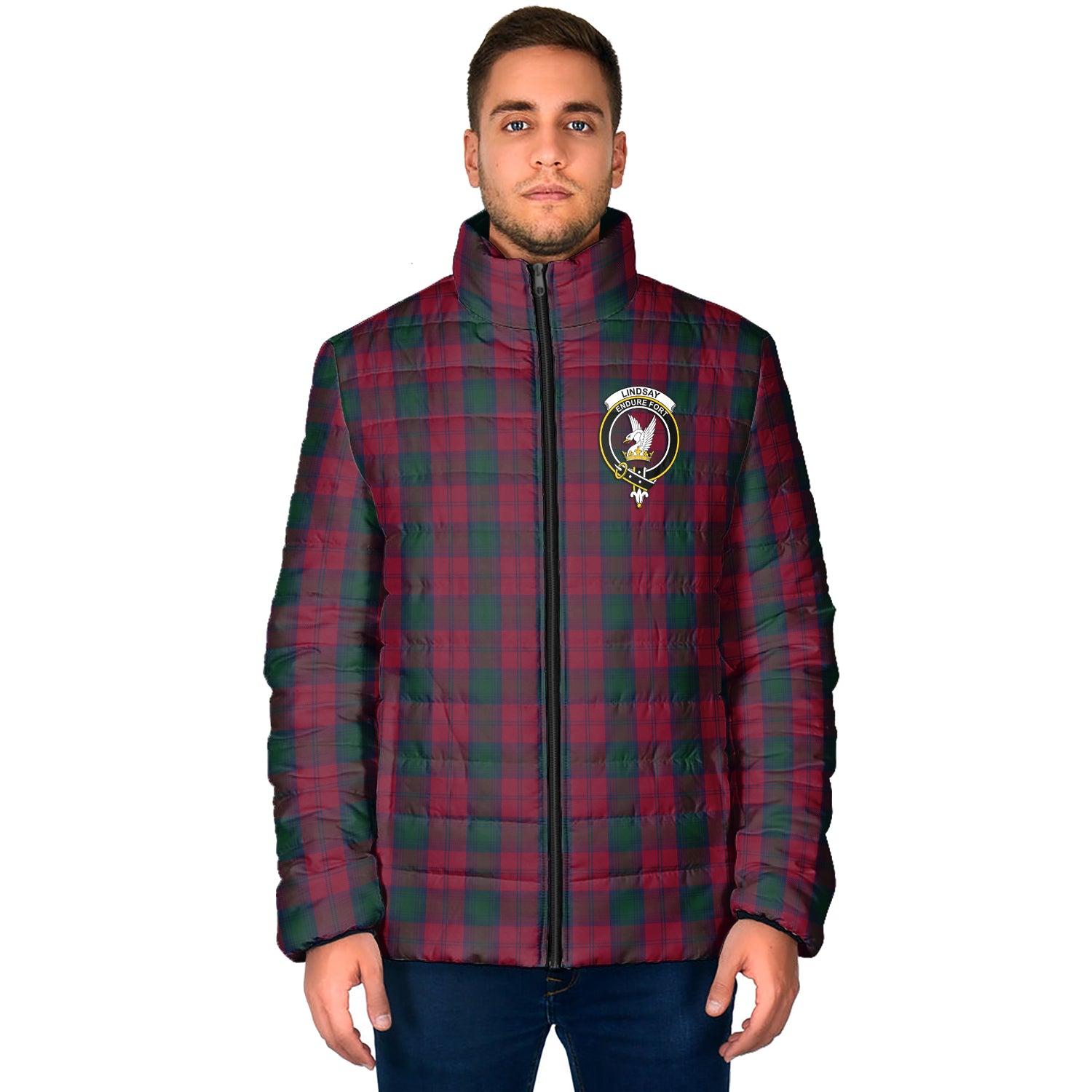 Lindsay Tartan Padded Jacket with Family Crest - Tartanvibesclothing