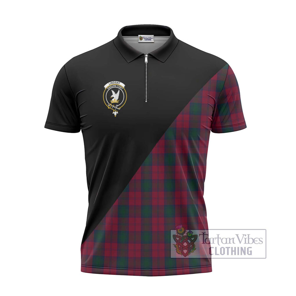 Lindsay Tartan Zipper Polo Shirt with Family Crest and Military Logo Style - Tartanvibesclothing Shop