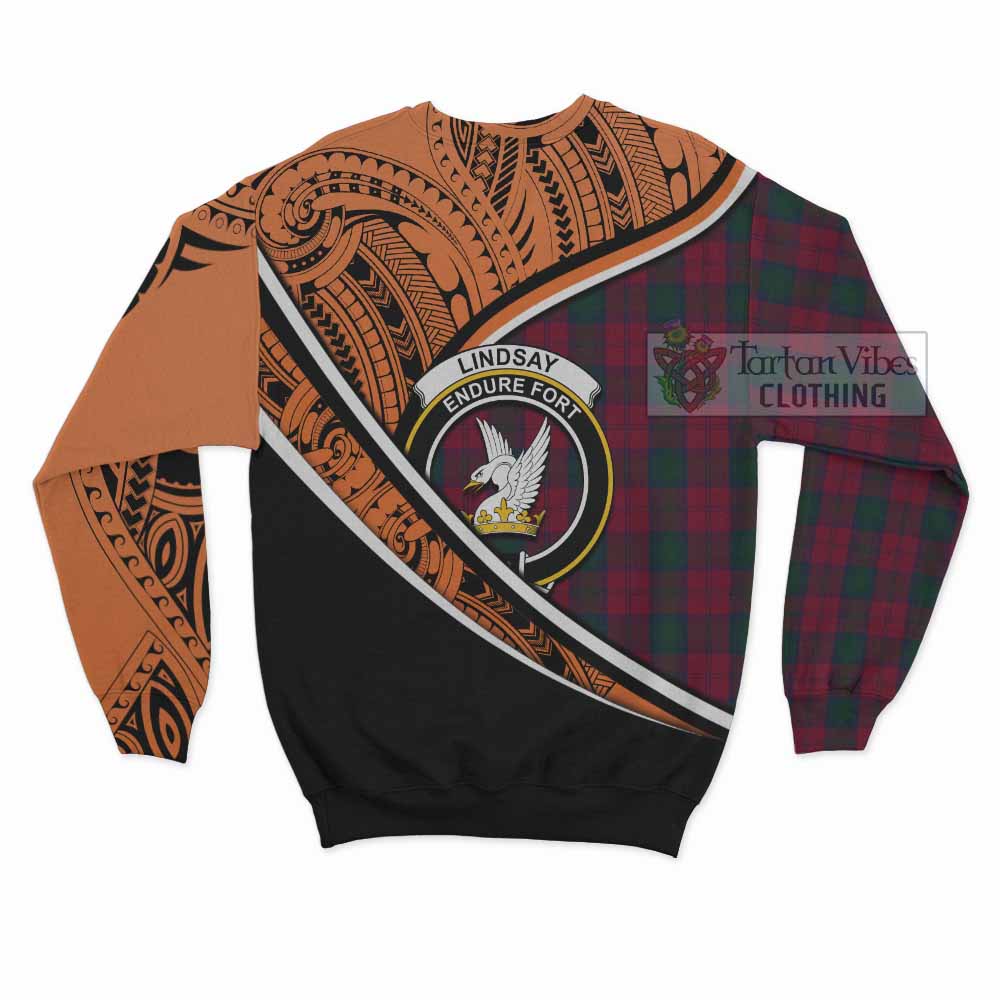 Tartan Vibes Clothing Lindsay Crest Tartan Sweatshirt with Maori Tattoo Style - Orange Version