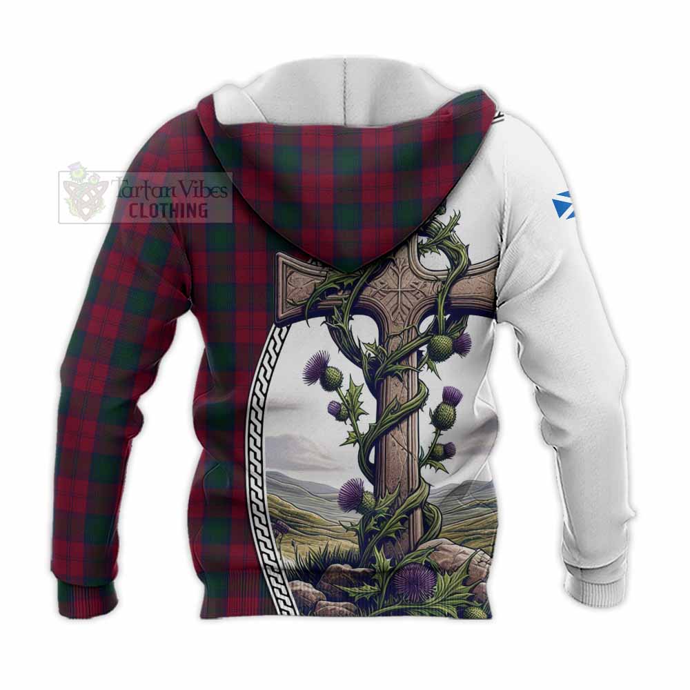 Tartan Vibes Clothing Lindsay Tartan Knitted Hoodie with Family Crest and St. Andrew's Cross Accented by Thistle Vines