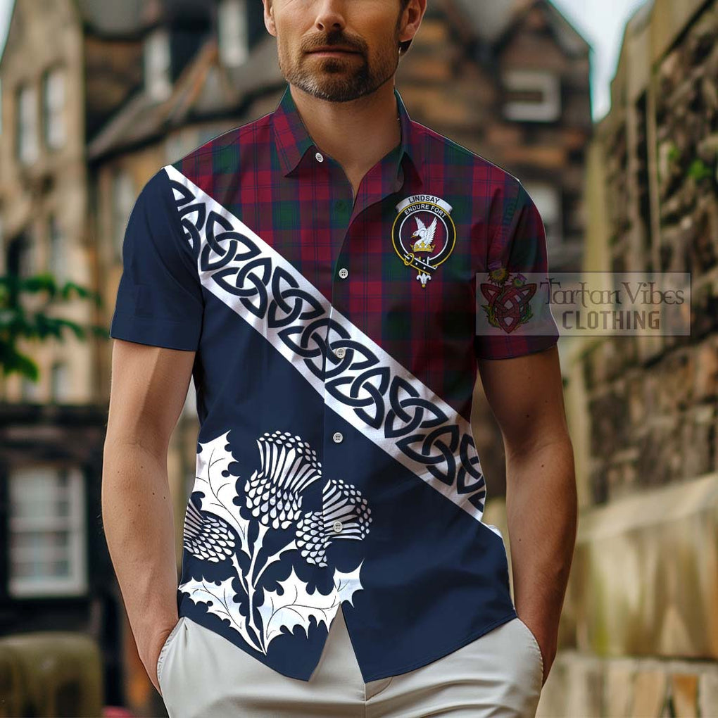 Tartan Vibes Clothing Lindsay Tartan Short Sleeve Button Shirt Featuring Thistle and Scotland Map