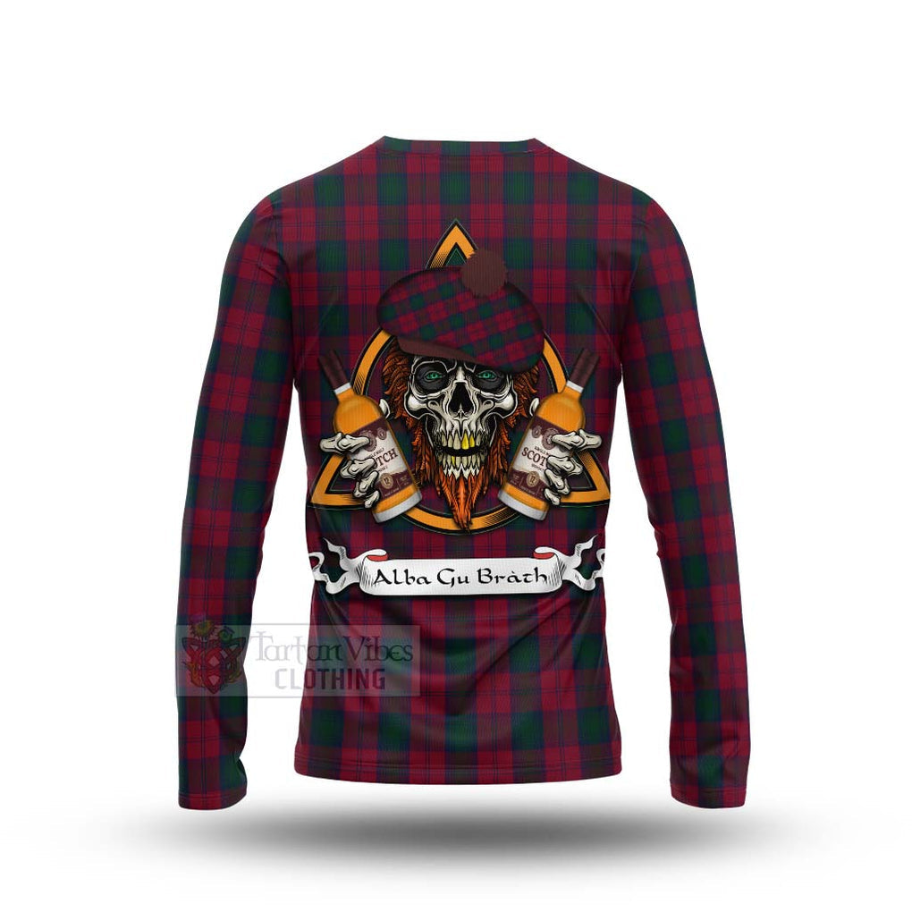 Tartan Vibes Clothing Lindsay Tartan Long Sleeve T-Shirt with Family Crest and Bearded Skull Holding Bottles of Whiskey