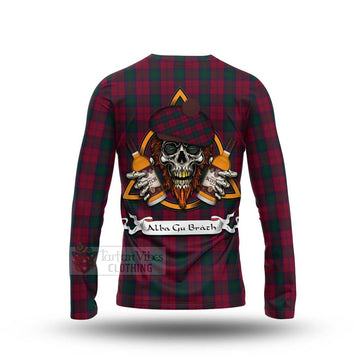 Lindsay Tartan Long Sleeve T-Shirt with Family Crest and Bearded Skull Holding Bottles of Whiskey