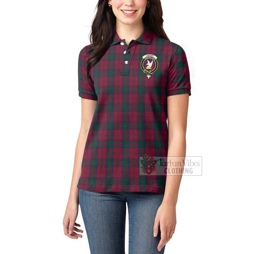 Tartan Vibes Clothing Lindsay Tartan Women's Polo Shirt with Family Crest and Bearded Skull Holding Bottles of Whiskey