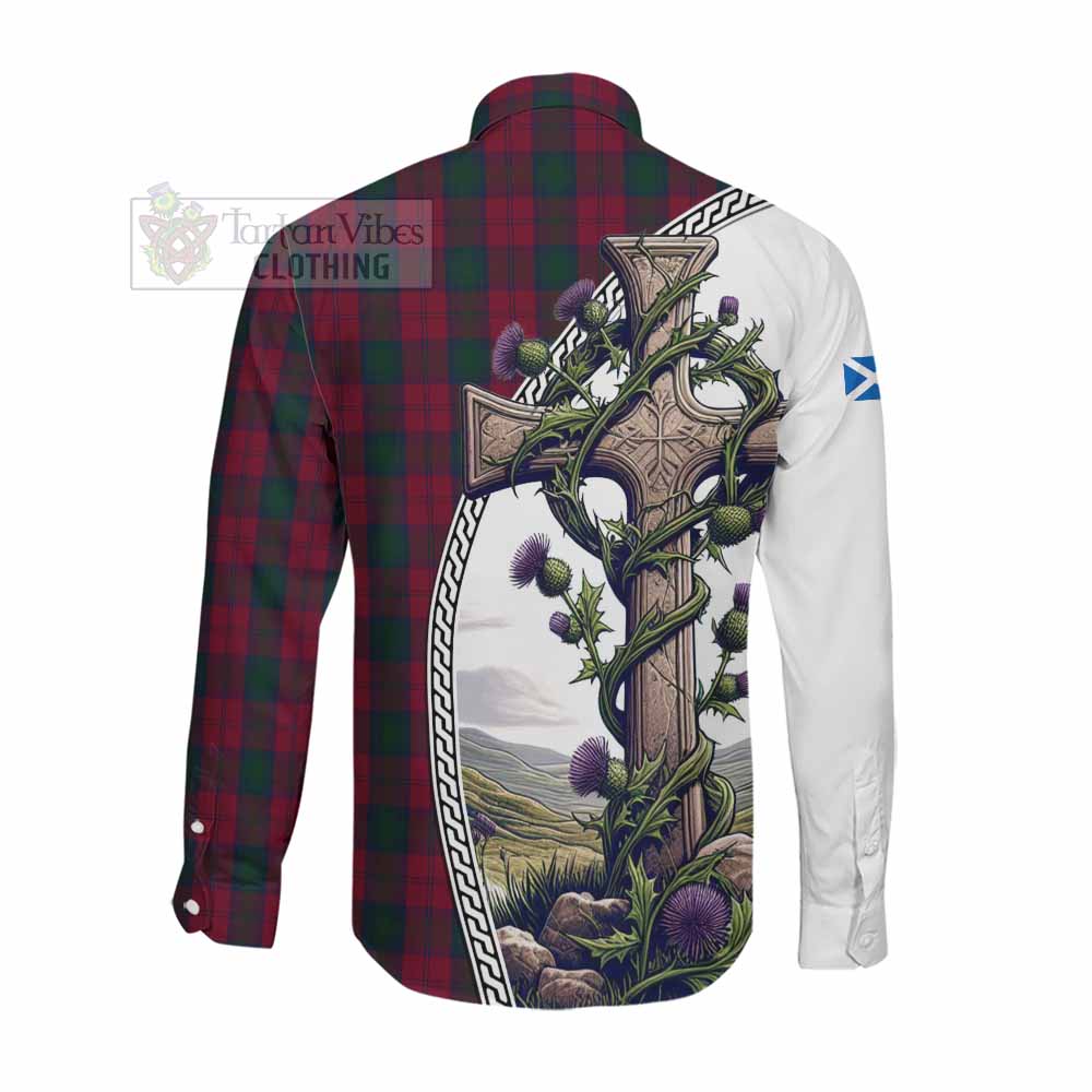 Tartan Vibes Clothing Lindsay Tartan Long Sleeve Button Shirt with Family Crest and St. Andrew's Cross Accented by Thistle Vines