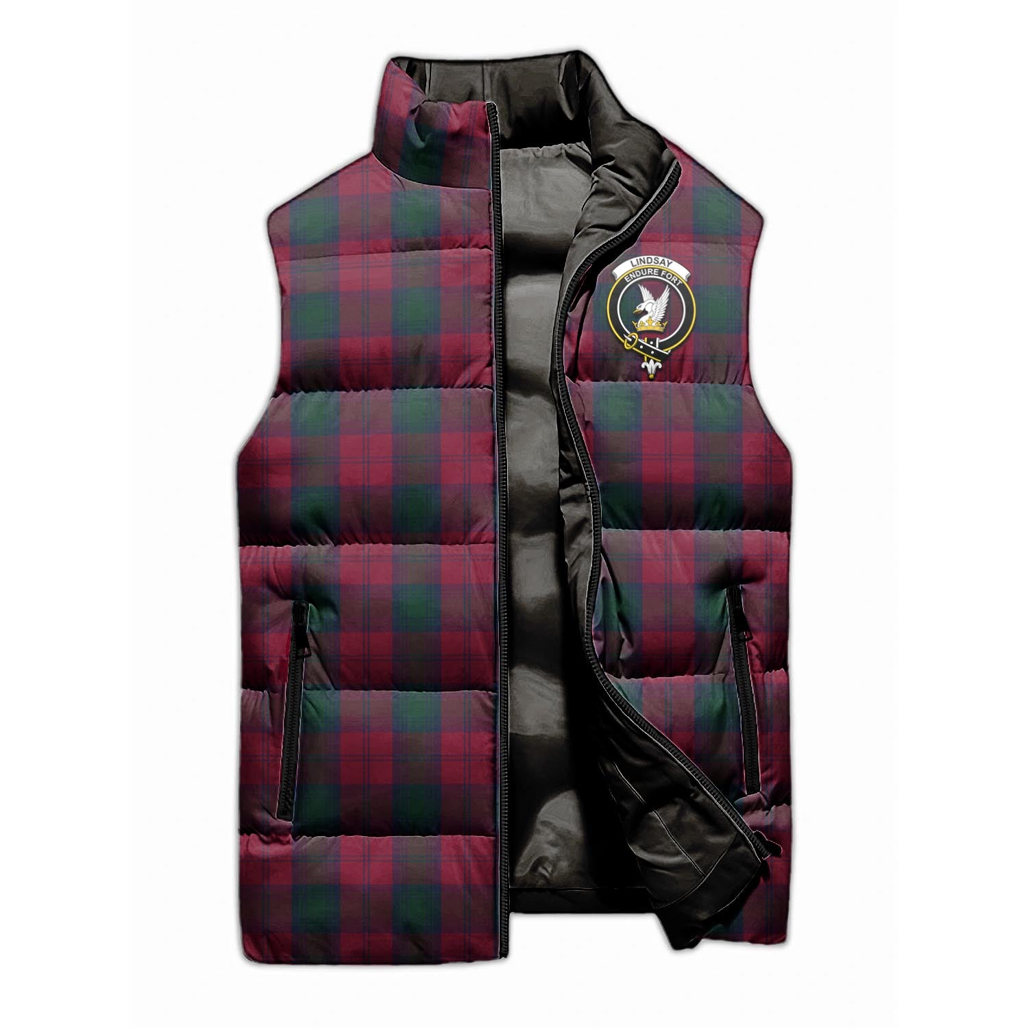 Lindsay Tartan Sleeveless Puffer Jacket with Family Crest - Tartanvibesclothing