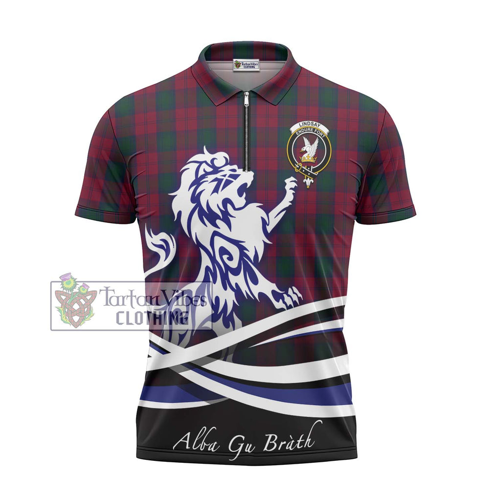 Lindsay Tartan Zipper Polo Shirt with Alba Gu Brath Regal Lion Emblem - Tartanvibesclothing Shop