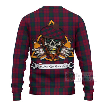 Lindsay Tartan Ugly Sweater with Family Crest and Bearded Skull Holding Bottles of Whiskey