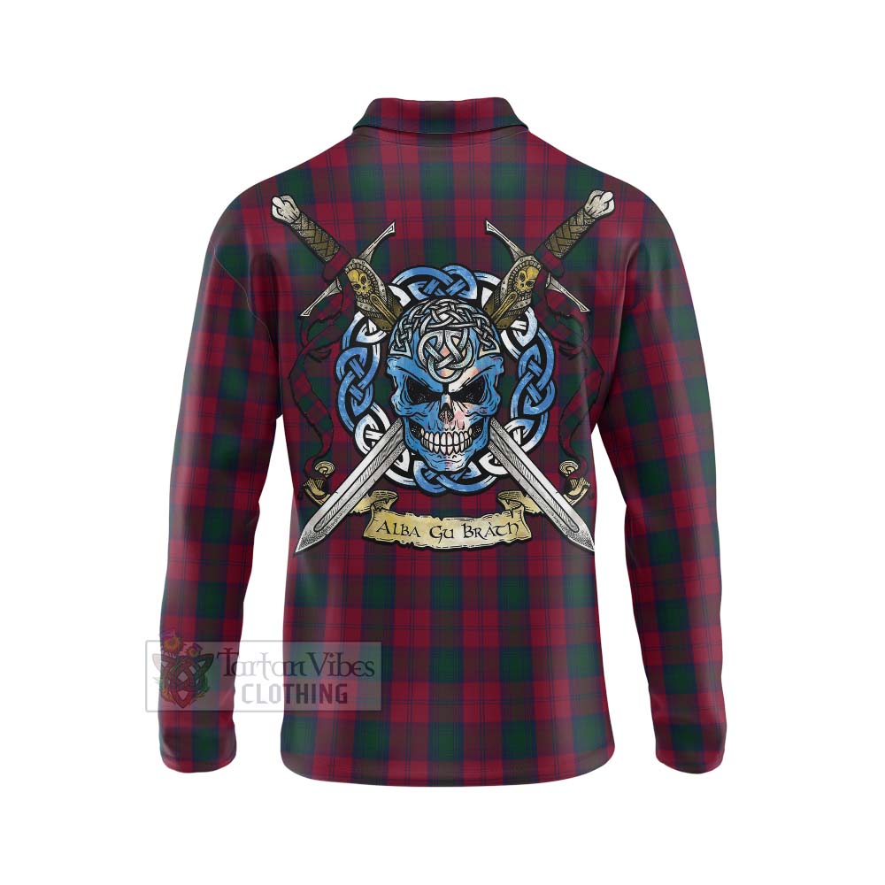 Tartan Vibes Clothing Lindsay Tartan Long Sleeve Polo Shirt with Family Crest Celtic Skull Style