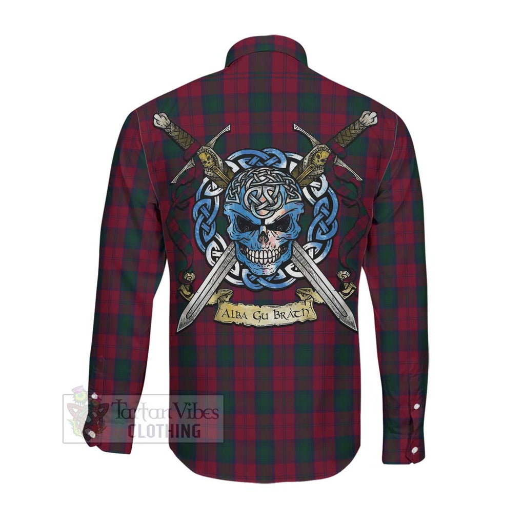 Tartan Vibes Clothing Lindsay Tartan Long Sleeve Button Shirt with Family Crest Celtic Skull Style