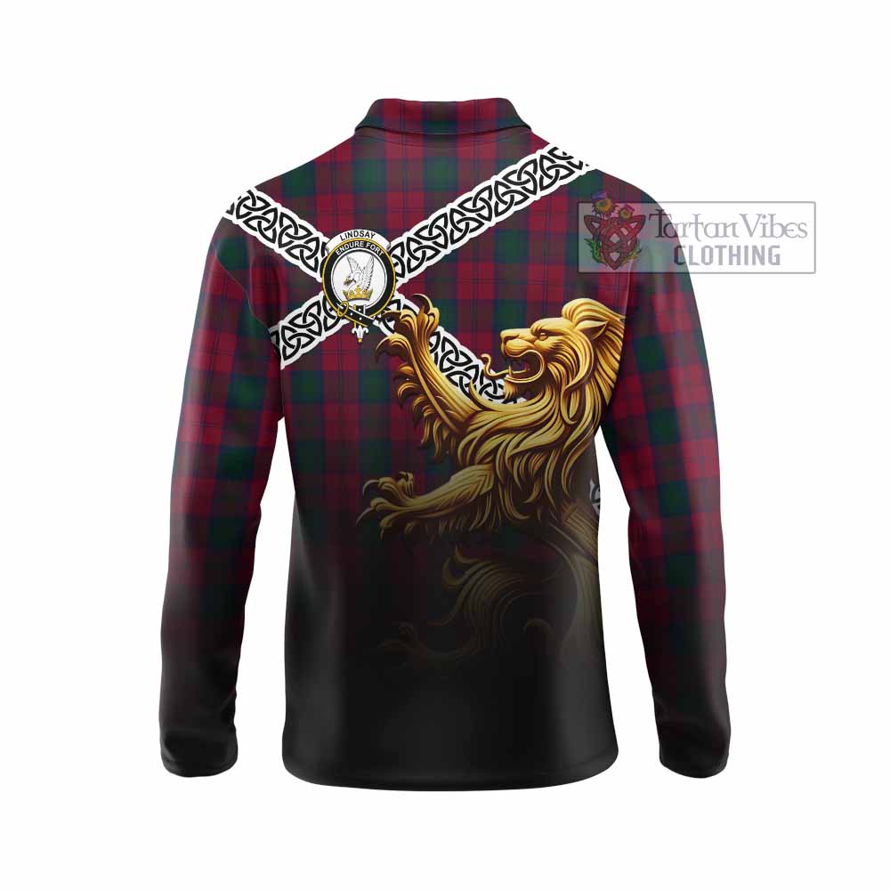 Lindsay Crest Tartan Long Sleeve Polo Shirt with Golden Lion Emblem Celtic Style - Tartan Vibes Clothing