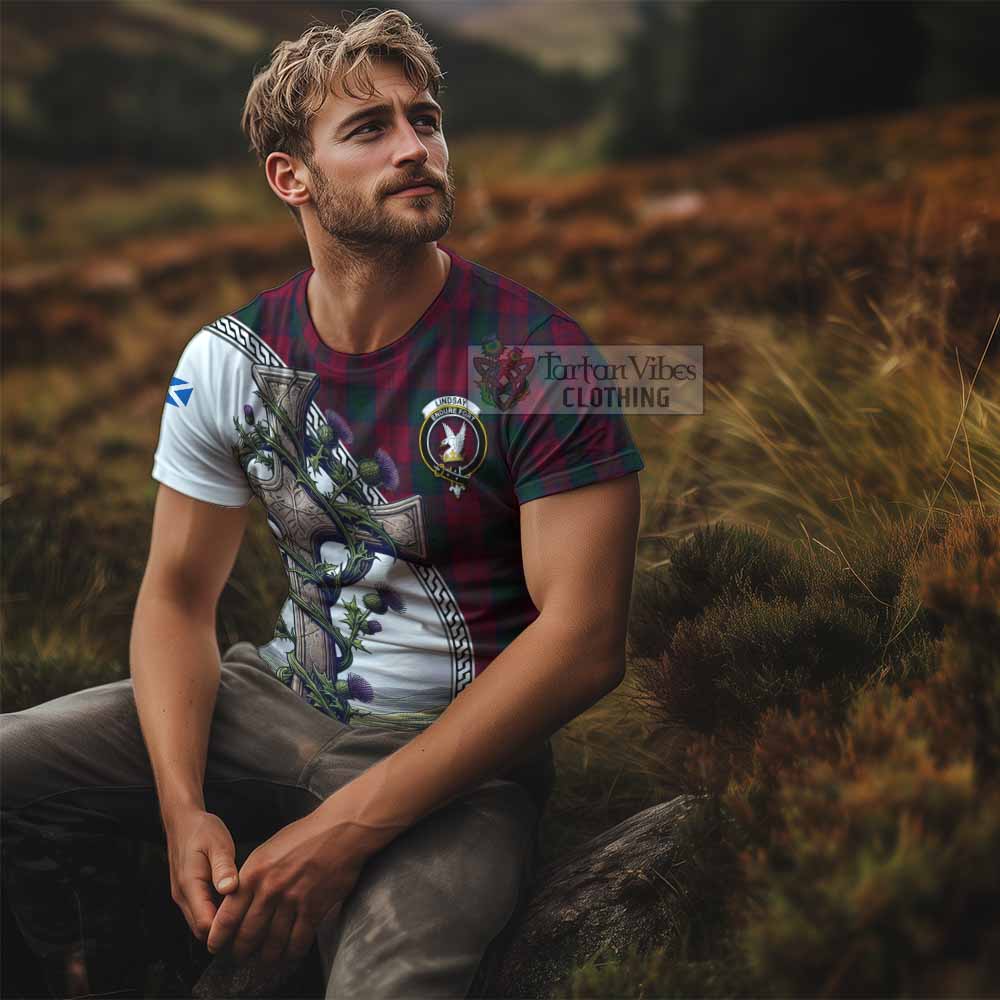 Tartan Vibes Clothing Lindsay Agnew Tartan T-Shirt with Family Crest and St. Andrew's Cross Accented by Thistle Vines