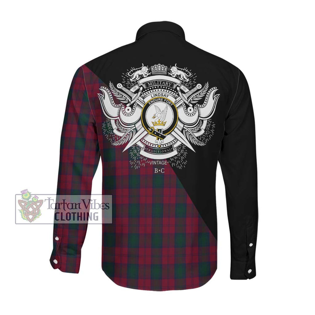 Lindsay Tartan Long Sleeve Button Shirt with Family Crest and Military Logo Style Men's Shirt - Tartanvibesclothing Shop