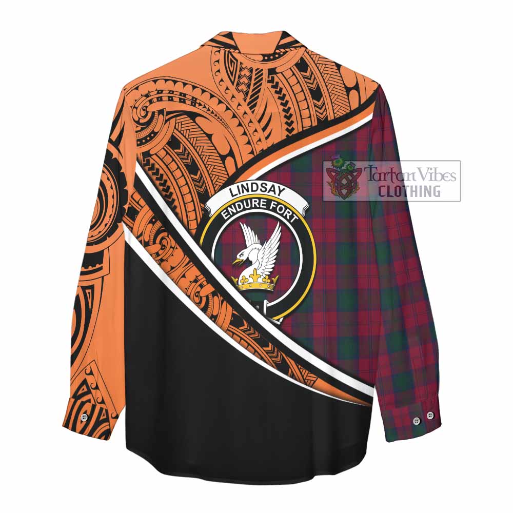 Tartan Vibes Clothing Lindsay Crest Tartan Women's Casual Shirt with Maori Tattoo Style - Orange Version