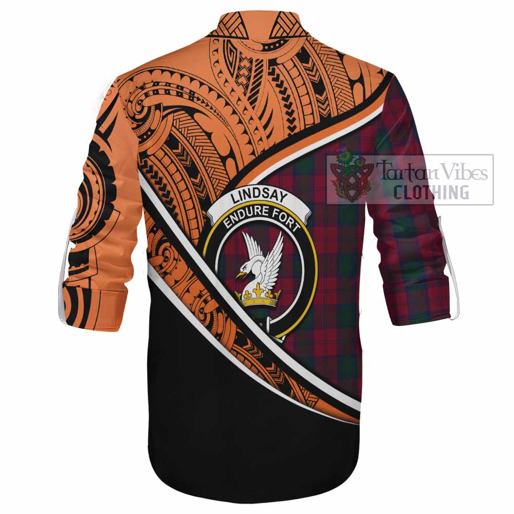 Tartan Vibes Clothing Lindsay Crest Tartan Ghillie Kilt Shirt with Maori Tattoo Style - Orange Version