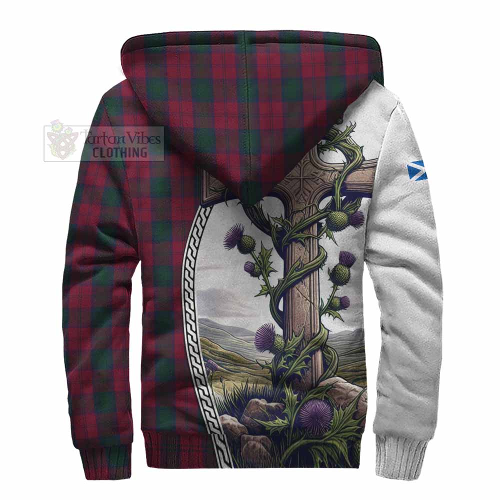 Tartan Vibes Clothing Lindsay Tartan Sherpa Hoodie with Family Crest and St. Andrew's Cross Accented by Thistle Vines