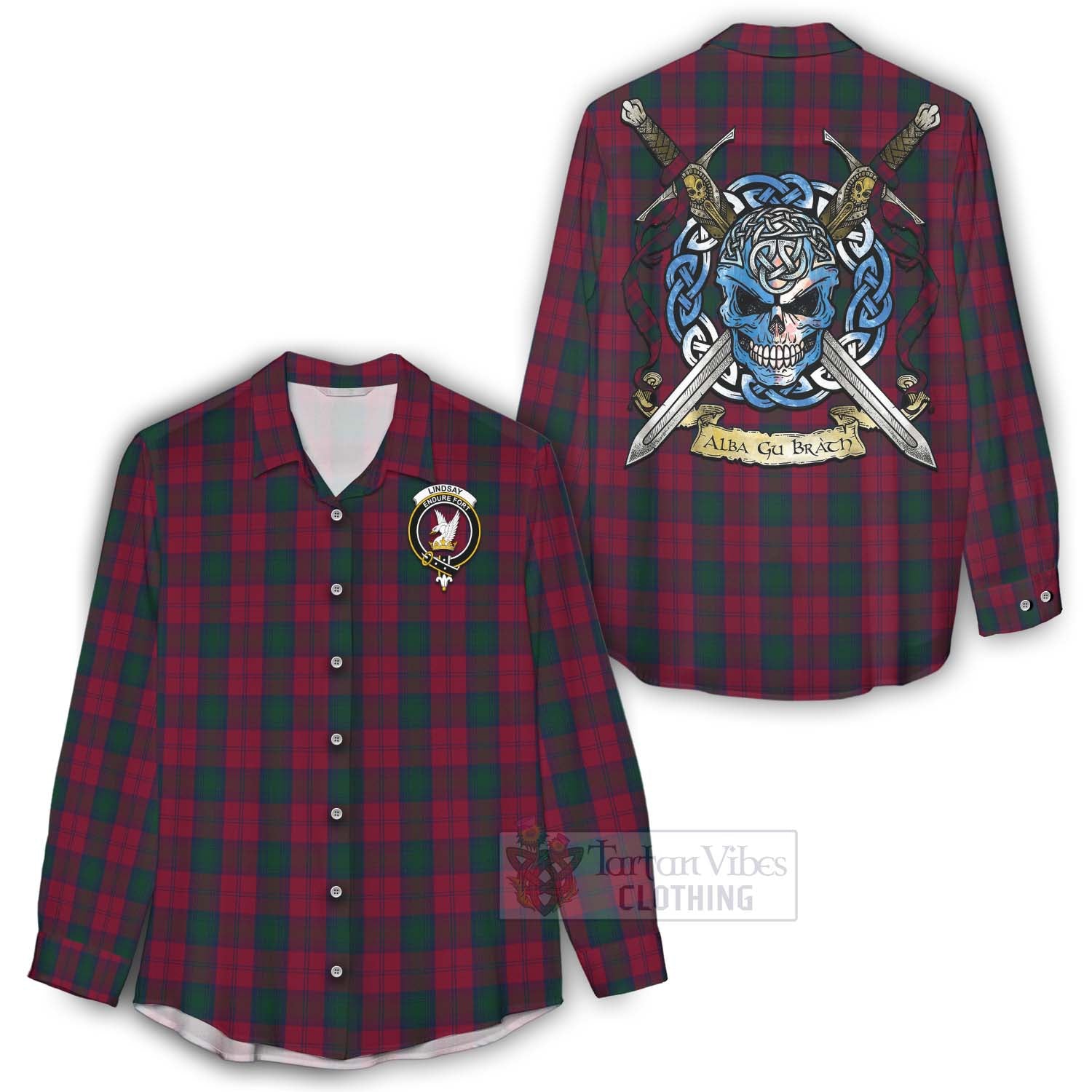 Tartan Vibes Clothing Lindsay Tartan Women's Casual Shirt with Family Crest Celtic Skull Style